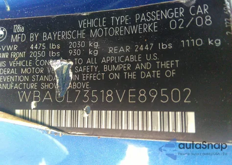 2008 BMW 128I из США, поврежденный, VIN WBAUL73518VE89502